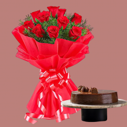Chocolate Truffle Cake and Red Roses Bouquet